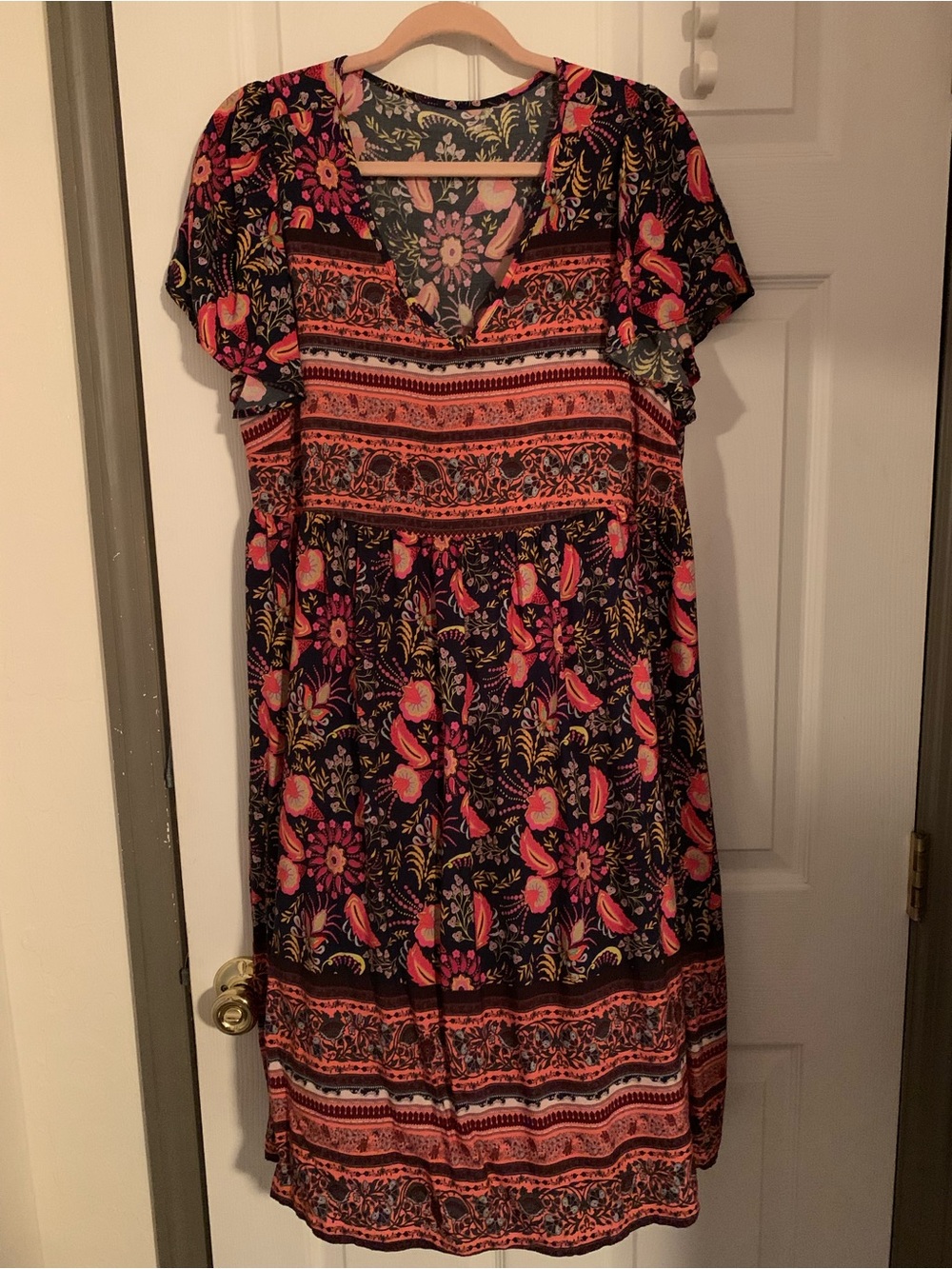 Floral V-Neck Midi Dress in Navy and Coral